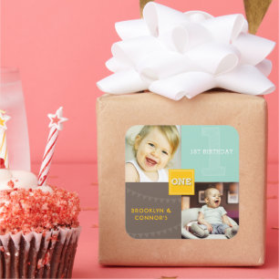 Adesivo Quadrado Esboço de Praça Amarela Um Gêmeos Aniversário de 1