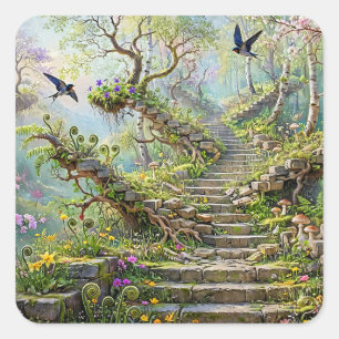 Adesivo Quadrado Escadaria Surrealista da Primavera Engole Flores S