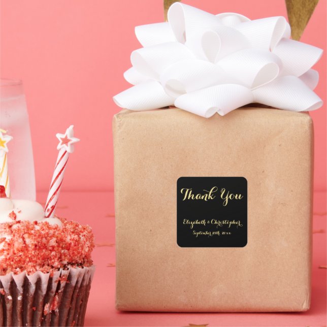 Adesivo Quadrado Escrito Elegante Casamento Dourado Negro Obrigado  (Festa)