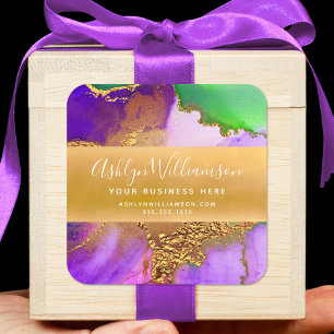 Adesivo Quadrado Escrito verde roxo com cor d'água do mármore mod
