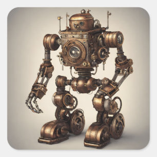 Adesivo Quadrado Escultura de Robô de Bronze Steampunk