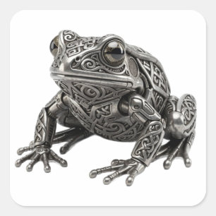 Adesivo Quadrado Escultura Mecânica Intrincada de Sapo de Prata Cel