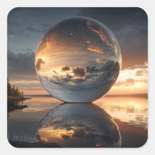 Adesivo Quadrado Esfera Reflexiva Surrealista Com Nuvens de Pôr do 