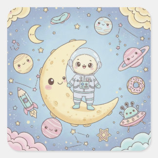 Adesivo Quadrado Espaço Kawaii Fofo - Astronauta e Lua Sorridente