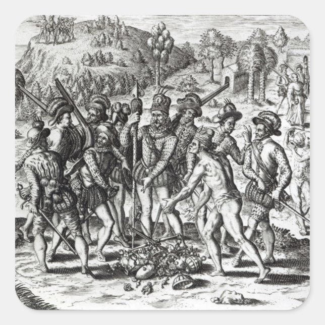 Adesivo Quadrado Espanhóis recebendo presentes de índios (Frente)