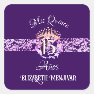 Adesivo Quadrado Espanhol Elegante Purple e Dourada Quinceañera