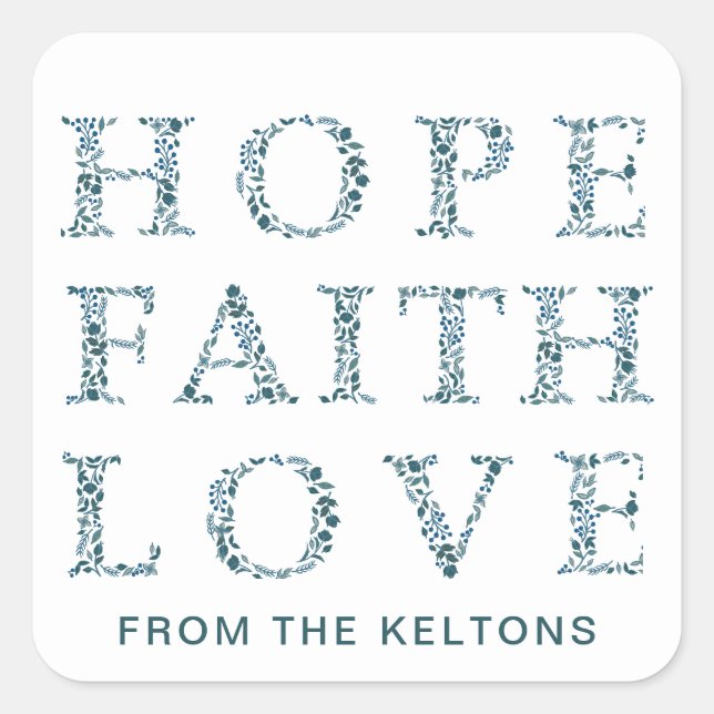 Adesivo Quadrado Esperança, Fé Ama o Natal floral moderno (Frente)