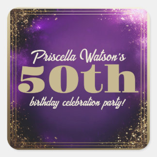 Adesivo Quadrado Espumante Roxo e Festa de aniversário Dourada