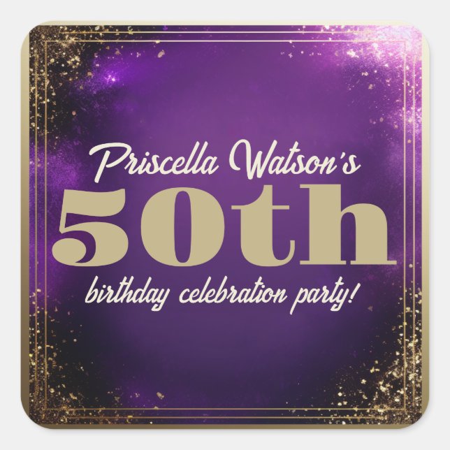 Adesivo Quadrado Espumante Roxo e Festa de aniversário Dourada (Frente)