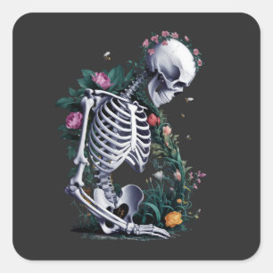 Adesivo Quadrado Esqueleto com Flores e Abelhas - Vida e morte