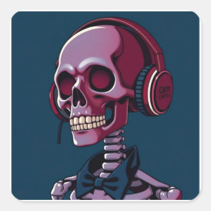 Adesivo Quadrado Esqueleto com fones de ouvido