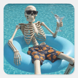 Adesivo Quadrado Esqueleto de Halloween Flutuando em uma Piscina