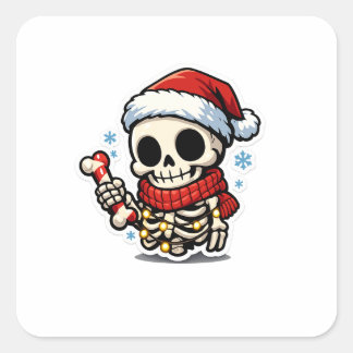 Adesivo Quadrado Esqueleto de Natal Fofo Segurando Cana-de-Açúcar K