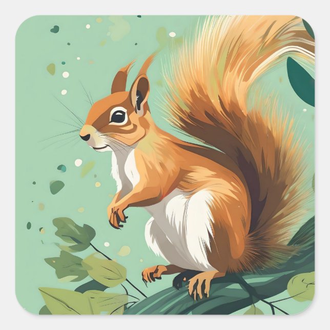 Adesivo Quadrado Esquilo num galho. (Frente)