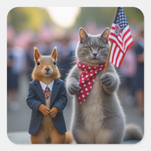Adesivo Quadrado Esquilo Patriótico e Gato