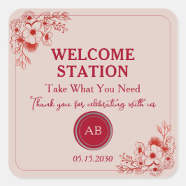 Adesivo Quadrado Estação de Boas-Vindas Floral Rosa Vermelho