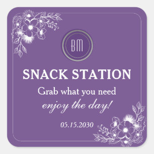 Adesivo Quadrado Estação de Lanches de Casamento com Floral Roxo