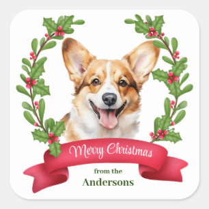 Adesivo Quadrado Estandarte Vermelho de Natal do Cão Corgi Holly