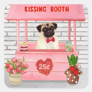 Adesivo Quadrado Estande de Beijos de Cachorro Pug no Dia dos Namor