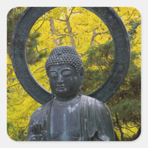 Adesivo Quadrado Estátua de Buda nos Jardins Japoneses Dourado