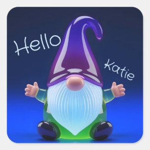 Adesivo Quadrado Estátua de Gnome de Vidro Translúcido com Nome Per