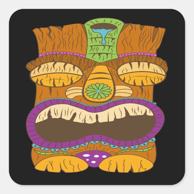 Adesivo Quadrado Estátua de Tiki com Boca Aberta, Preto Engraçado (Frente)