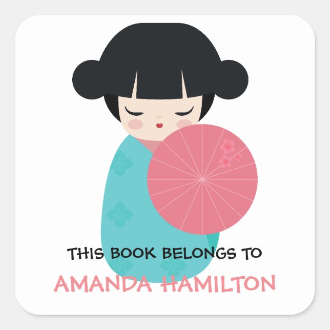 Adesivo Quadrado ESTE LIVRO PERTENCE À Boneca Kokeshi Japonesa Geis (Frente)