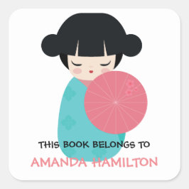 Adesivo Quadrado ESTE LIVRO PERTENCE À Boneca Kokeshi Japonesa Geis