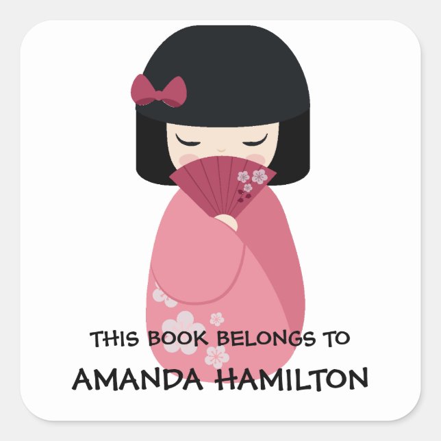 Adesivo Quadrado ESTE LIVRO PERTENCE À Boneca Kokeshi Japonesa Geis (Frente)