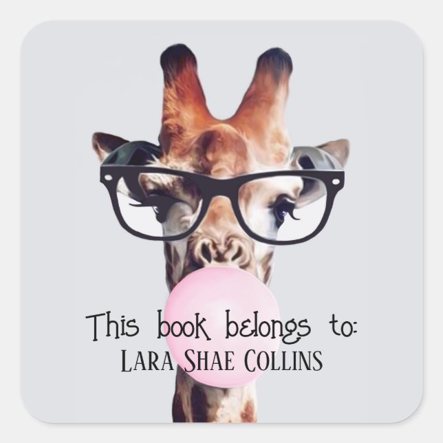 Adesivo Quadrado Este livro pertence a Girafa soprando chiclete (Frente)