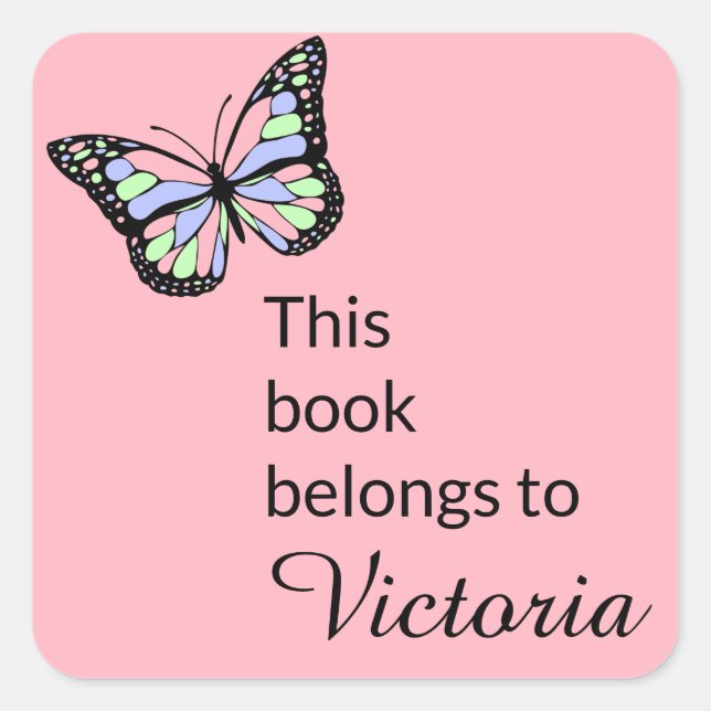 Adesivo Quadrado Este livro pertence a PInk com borboleta (Frente)