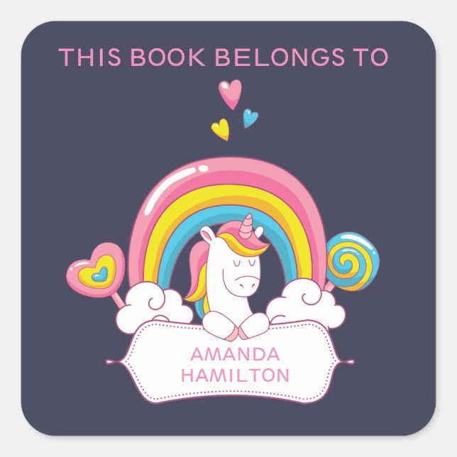 ADESIVO QUADRADO ESTE LIVRO PERTENCE A PINK TRENDY UNICORN RAINBOW (Frente)