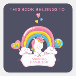 ADESIVO QUADRADO ESTE LIVRO PERTENCE A PINK TRENDY UNICORN RAINBOW