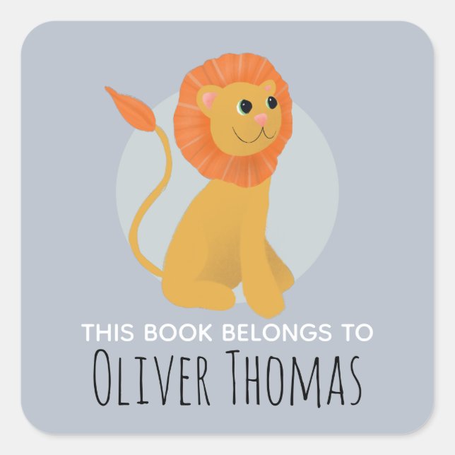 Adesivo Quadrado 'Este Livro Pertence Ao Leão Kids Bookplate' (Frente)
