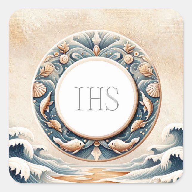 Adesivo Quadrado Estilo de Arte Marinha Anfitrião de Comunhão Eucar (Frente)