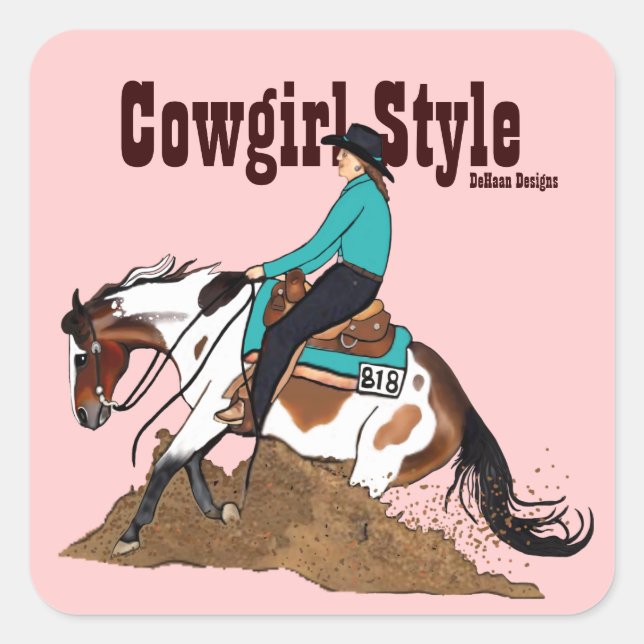Adesivo Quadrado Estilo de Cowgirl Reining Horse Sticker (Frente)