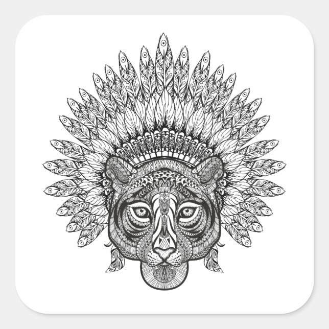 Adesivo Quadrado Estilo de Tigre Desenhado à Mão (Frente)