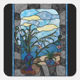 Adesivo Quadrado Estilo do vitral do vintage da planta do vaso de