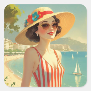 Adesivo Quadrado Estilo Vintage Cote D'Azur Beach Girl