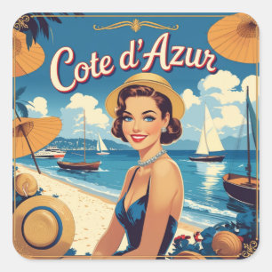 Adesivo Quadrado Estilo Vintage Cote D'Azur Beach Girl
