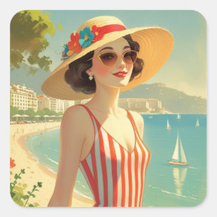 Adesivo Quadrado Estilo Vintage Cote D'Azur Beach Girl