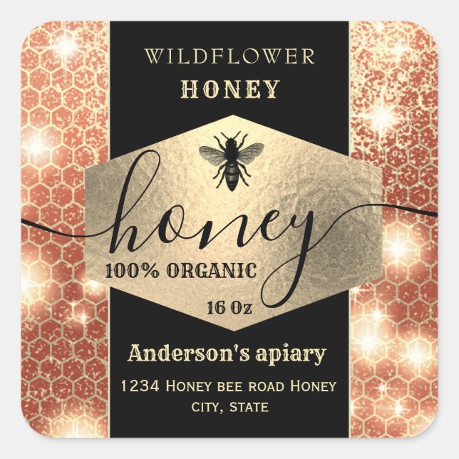 Adesivo Quadrado Estilos de abelha de ouro moderno elegante (Frente)