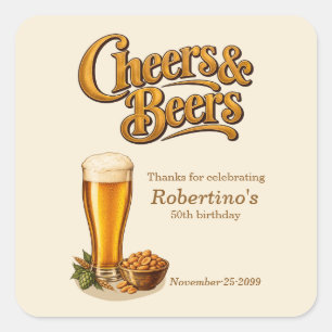 Adesivo Quadrado Estiloso Bronze Vintage Cheers & Beers 50º Anivers