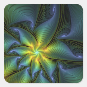 Adesivo Quadrado Estrela Abstrata, Arte Fractal Dourada Azul Verde 
