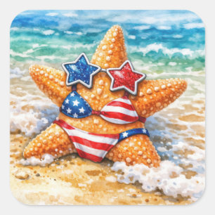Adesivo Quadrado Estrela-do-mar Patriótica na Areia da Praia