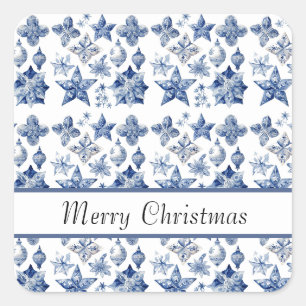 Adesivo Quadrado Estrelas Florais de Natal em Azul Delft Branco Per