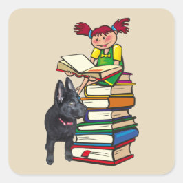 Adesivo Quadrado Estudo Buddy GSD Puppy e School Girl em livros