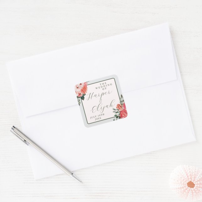 Adesivo Quadrado Eterno Floral Blush Red Greenery Casamento Clássic (Envelope)