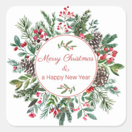 Adesivo Quadrado Etiquettes Florales Merry Christmas Happy New Year