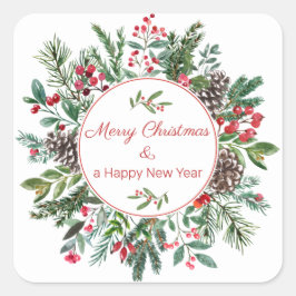 Adesivo Quadrado Etiquettes Florales Merry Christmas Happy New Year